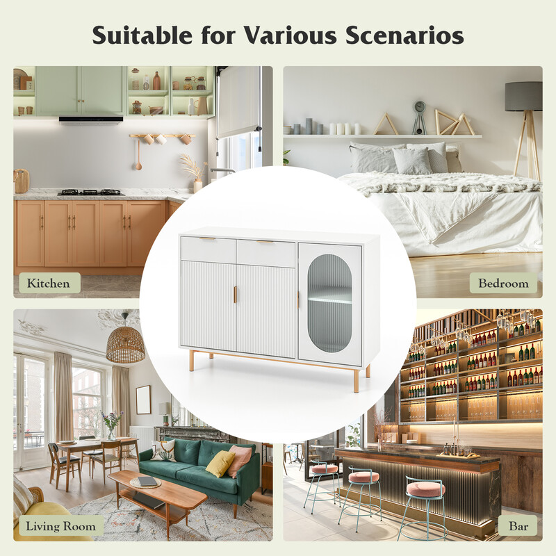 Buffetskab hvid MDF med glasdøre og metalben 120x40x88 cm