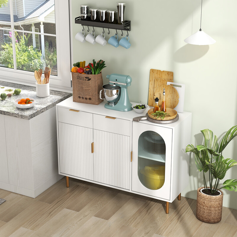 Buffetskab hvid MDF med glasdøre og metalben 120x40x88 cm