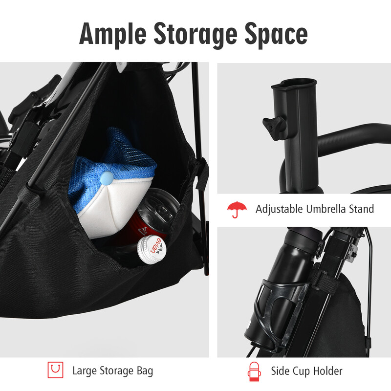 Golfvogn stål trehjul justerbart sæde paraplyholder grå foldbar