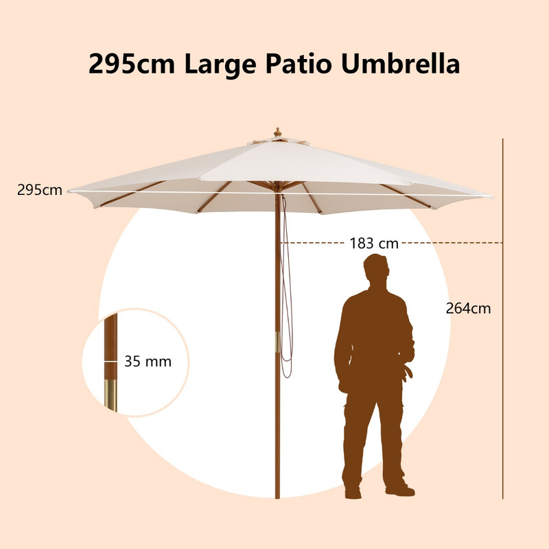 Parasol stor beige træ med 8 bambusstænger 295x295 cm