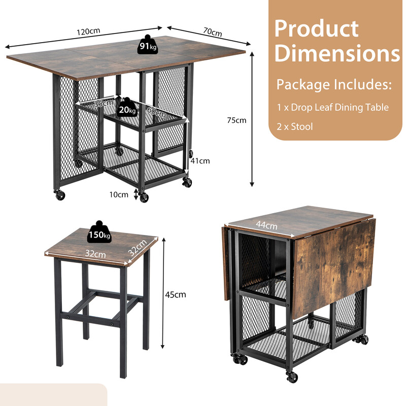 Kompakt spisegruppe med udtrækkeligt bord 2 stole og hylde