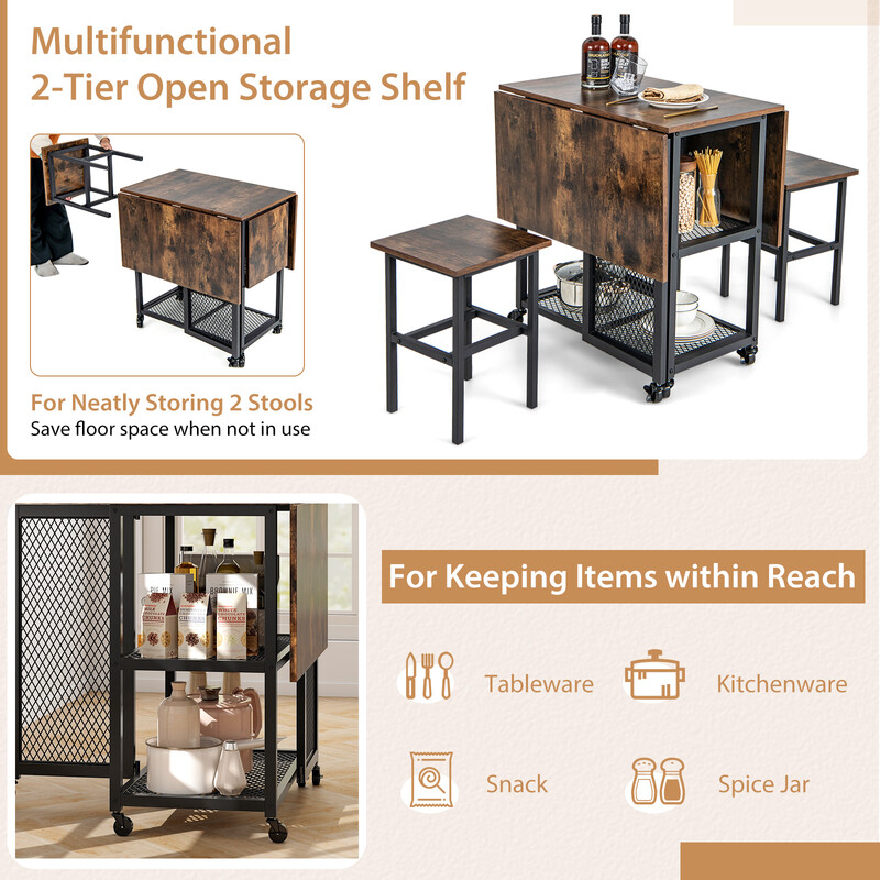 Kompakt spisegruppe med udtrækkeligt bord 2 stole og hylde