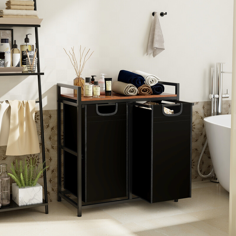 Vasketøjskurv med to skuffer sort metal 73x33x72 cm med aftagelige poser