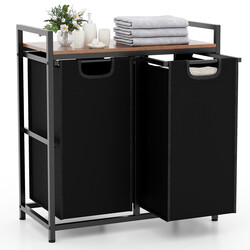 Vasketøjskurv med to skuffer sort metal 73x33x72 cm med aftagelige poser