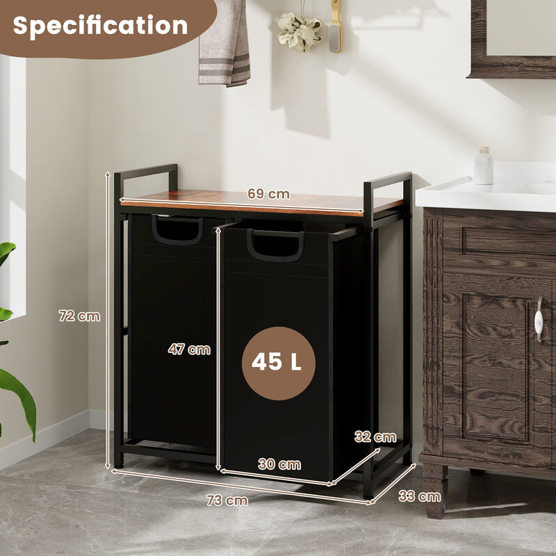 Vasketøjskurv med to skuffer sort metal 73x33x72 cm med aftagelige poser