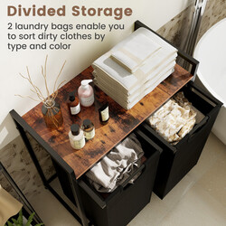 Vasketøjskurv med to skuffer sort metal 73x33x72 cm med aftagelige poser