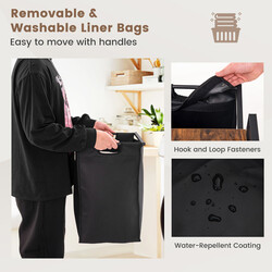 Vasketøjskurv med to skuffer sort metal 73x33x72 cm med aftagelige poser