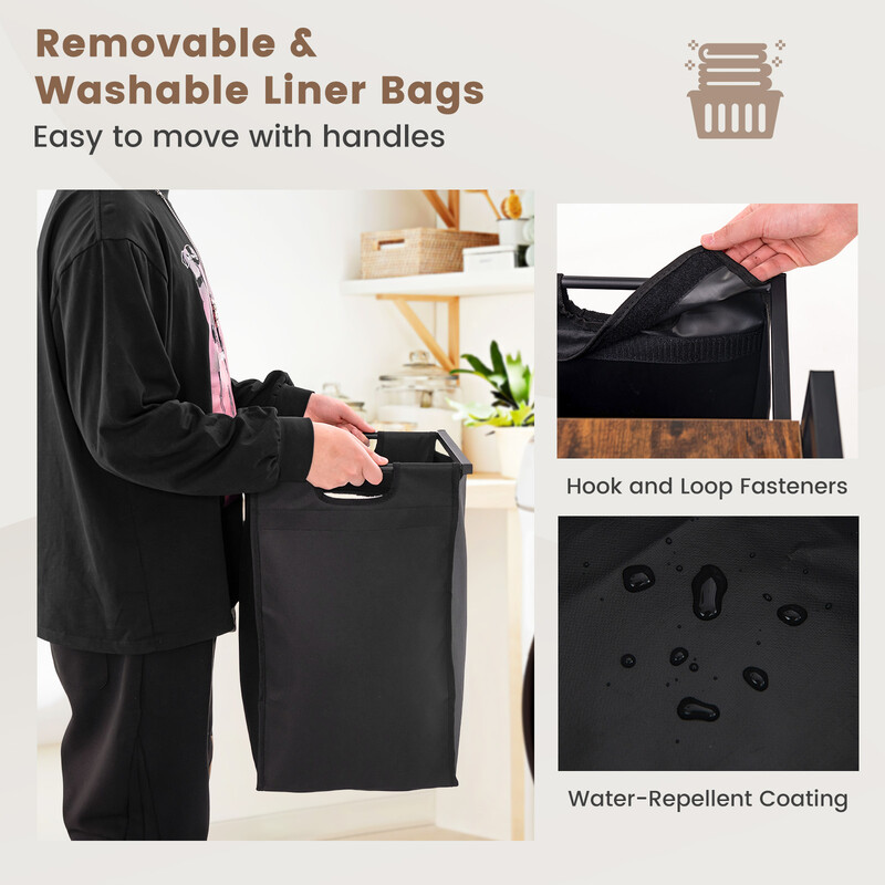 Vasketøjskurv med to skuffer sort metal 73x33x72 cm med aftagelige poser