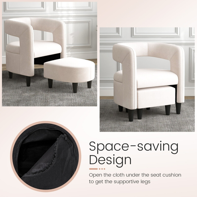 Lænestol med fodpall i beige fløjl sæt