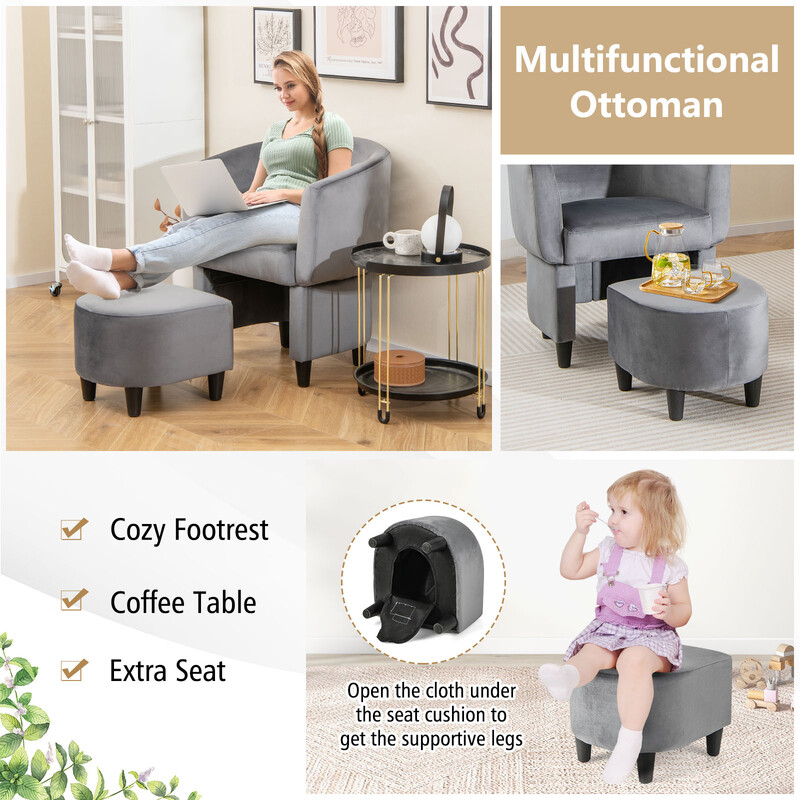 Lænestol med puf i grå fløjl og massivt træ 71x59x80 cm