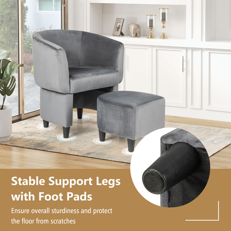 Lænestol med puf i grå fløjl og massivt træ 71x59x80 cm