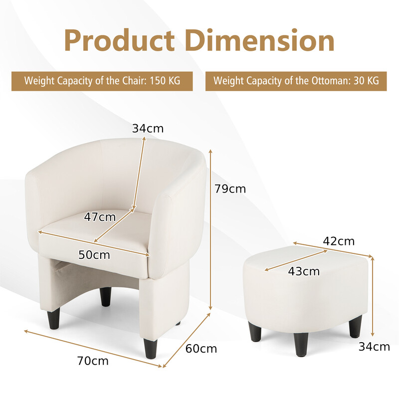 Beige fløjl lænestol med puf til stue og kontor massivt træ