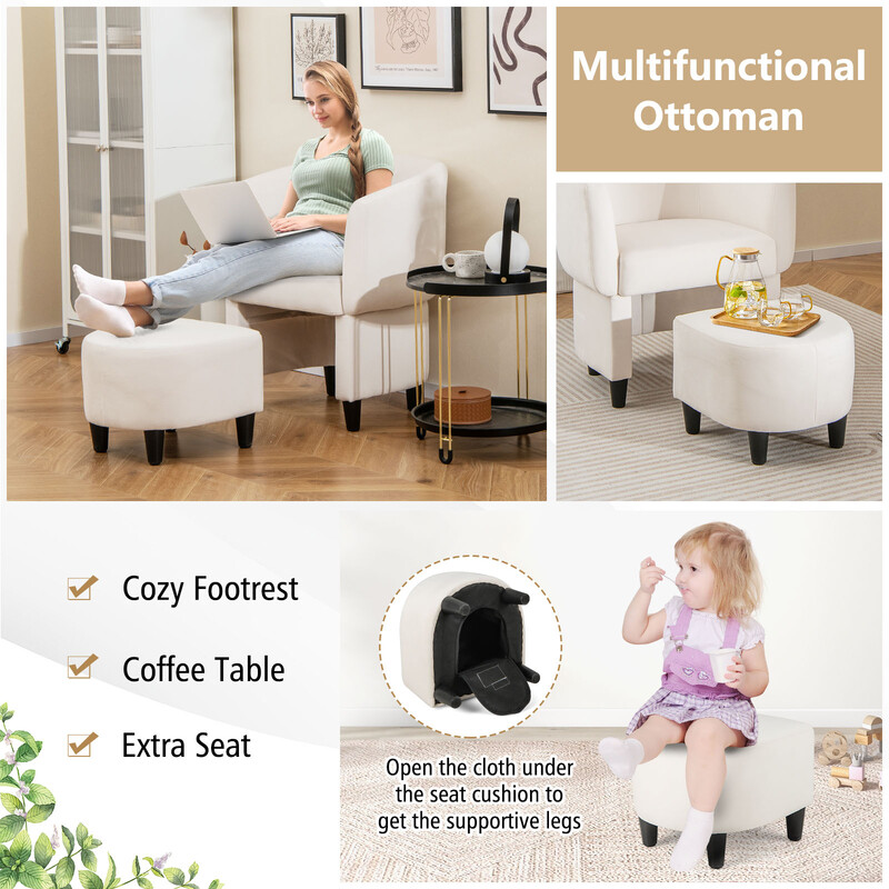 Beige fløjl lænestol med puf til stue og kontor massivt træ