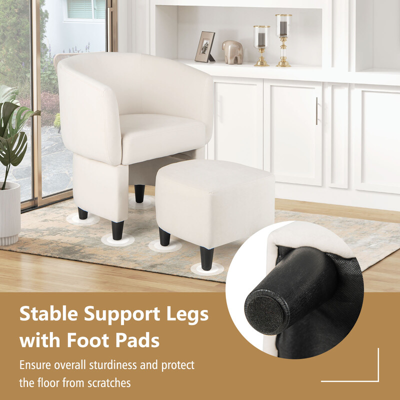 Beige fløjl lænestol med puf til stue og kontor massivt træ