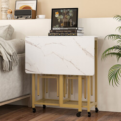 Udtagsbord hvid og guld med to paller og vinholder 74x74 cm