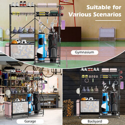 Sort metal sportsudstyrsorganisator med justerbare hylder boldkurv og sidekroge 170x40x174 cm