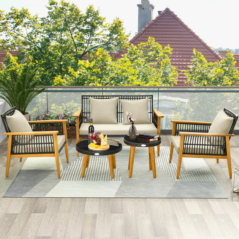 Udestue møbelgruppe PE-rotte akacietræ 2 stole sofa 2 sideborde