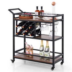 Serveringsvogn brun metalramme 3 niveauer 91x36x92 cm med vin- og glasholdere