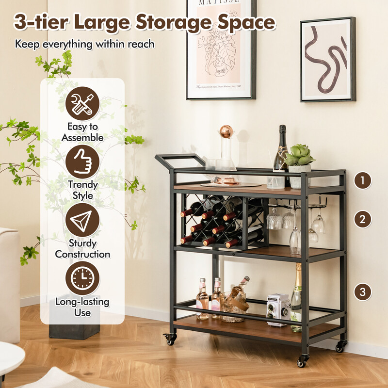 Serveringsvogn brun metalramme 3 niveauer 91x36x92 cm med vin- og glasholdere