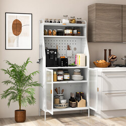 Køkkenskab hvid metal 76x36x161 cm med justerbar hylde og krogvæg