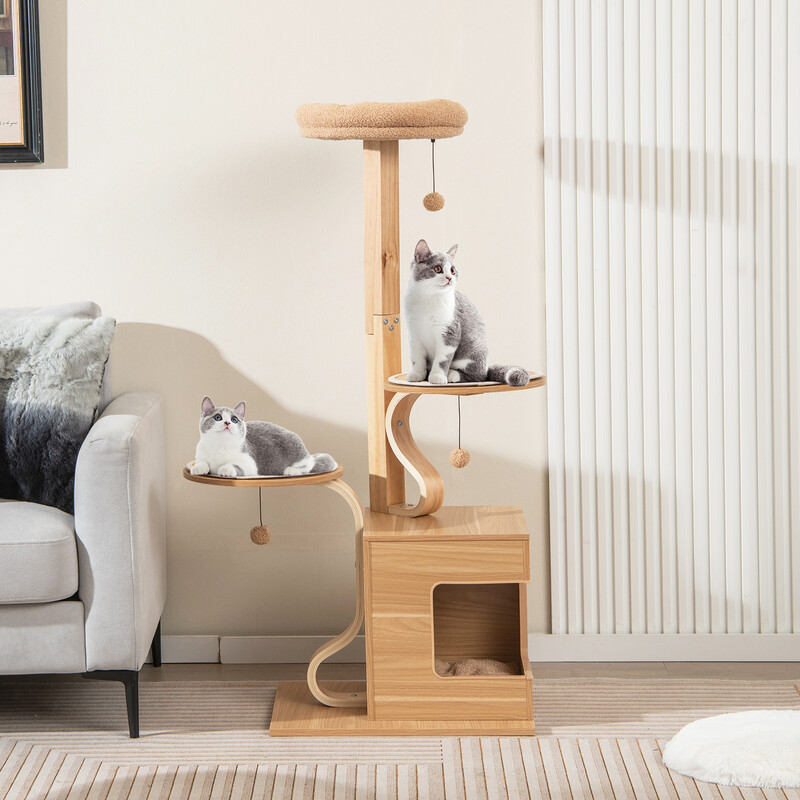 Katteklatretræ i egetræ 129 cm fire niveauer med kattehus
