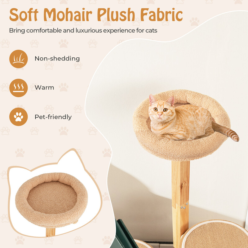 Katteklatretræ i egetræ 129 cm fire niveauer med kattehus