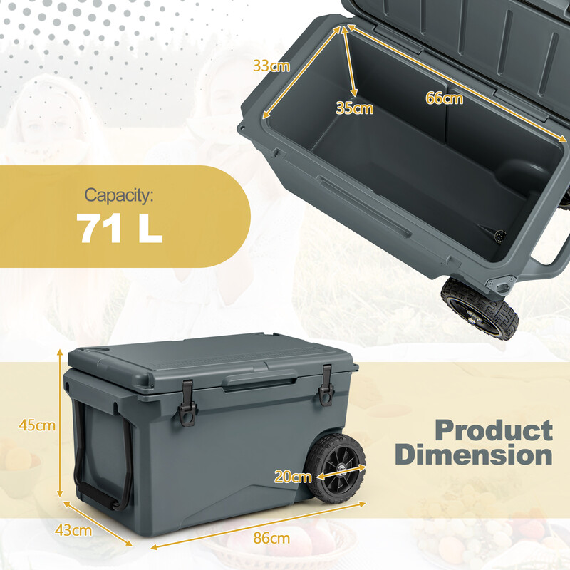 Køletaske på hjul 71 liter grå med flaskeåbner
