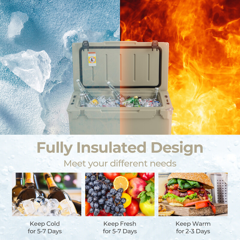 Køleboks 47 L khaki med flaskeåbner og håndtag til camping