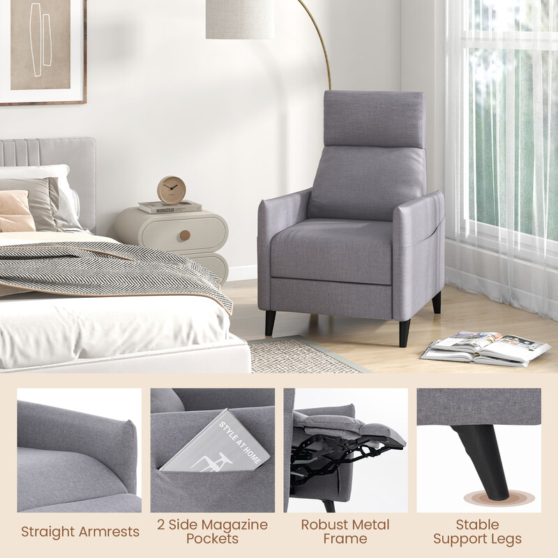 Lænestol med justerbar ryg og fodstøtte grå linned to sidelommer