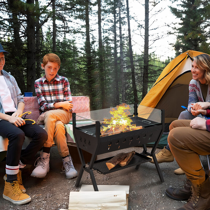 Kulgrill rustfri stål 98x42x68 cm med vindskærm og opbevaringshylde til camping
