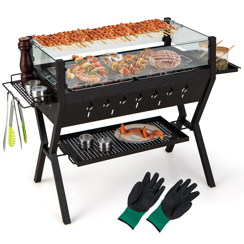 Kulgrill rustfri stål 98x42x68 cm med vindskærm og opbevaringshylde til camping
