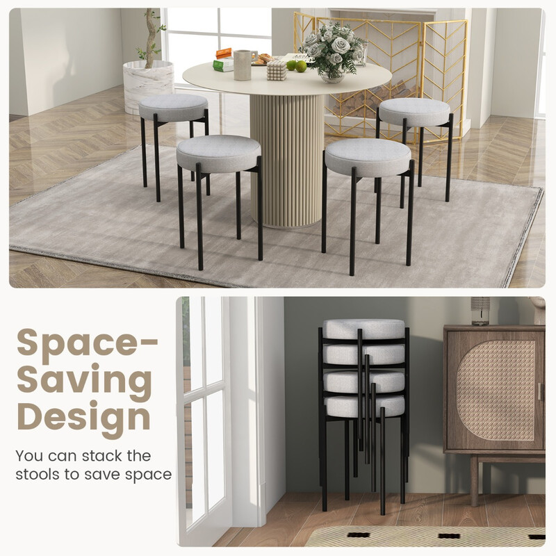 Barstole lysgrå metalben linnedstof polstret 4 stk stabelbare