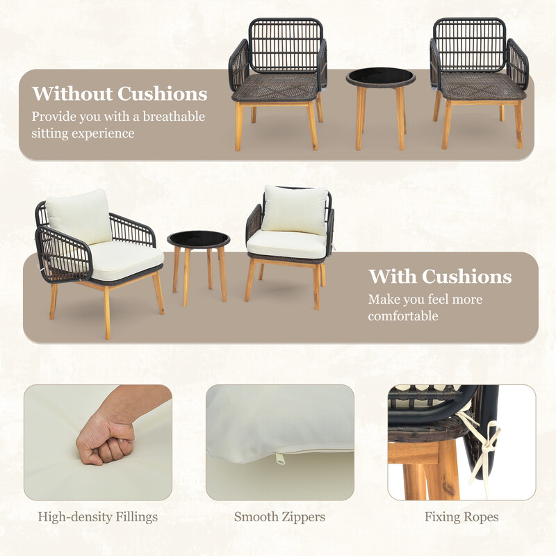 Rottingsæt i PE‑rotting til terrasse 2 stole og glasbord