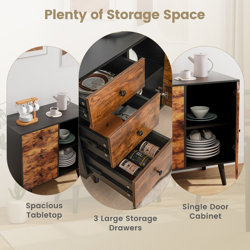 Opbevaringsskab rustikt brun med dør 3 skuffer justerbar hylde 73x40x76