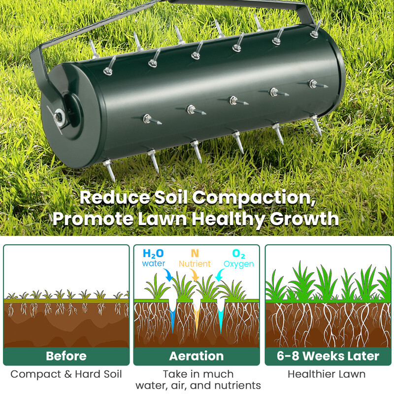 Manuel græsplænelufter 53 x 130 cm galvaniseret stål justerbar effektivitet grøn