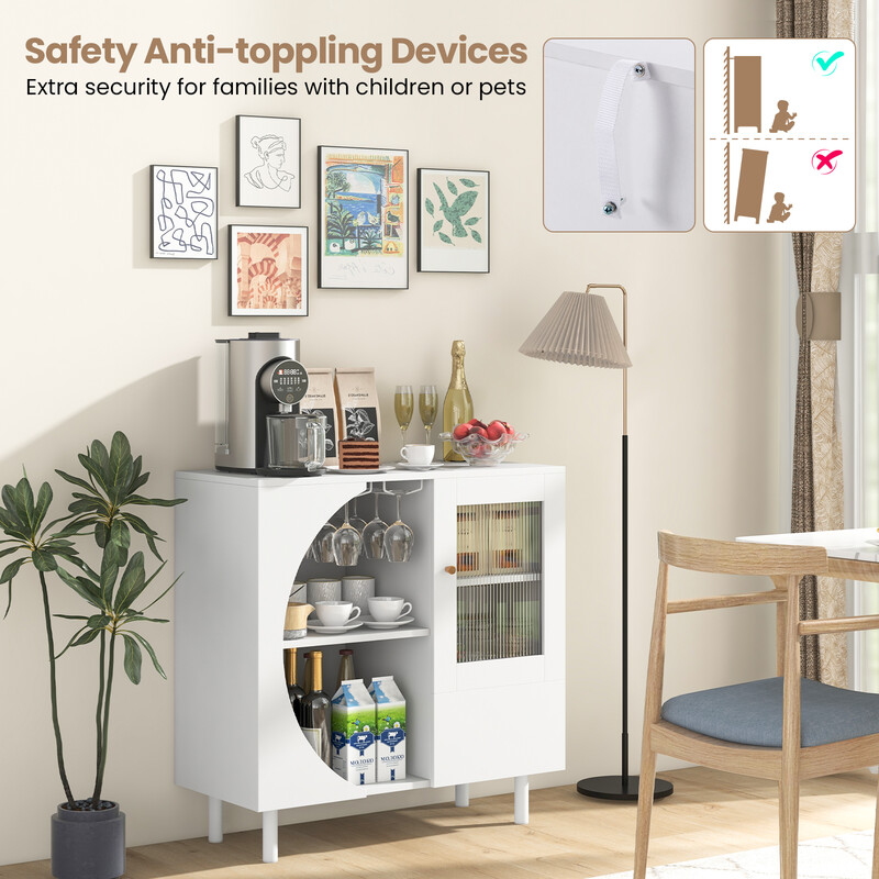 Buffetskab hvid trækomposit og metal 80x30x80 cm med glasdør og åbne hylder