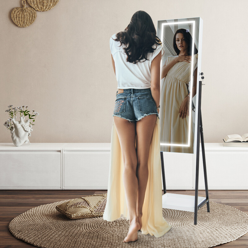 Smykkeskab hvid MDF metal 41x35x160 cm LED spejl låst