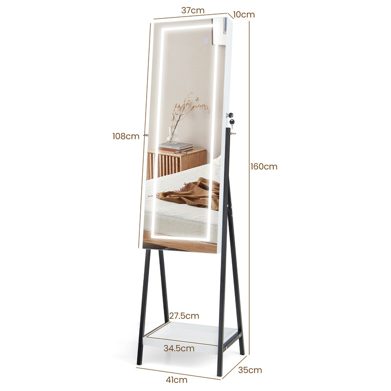 Smykkeskab hvid MDF metal 41x35x160 cm LED spejl låst