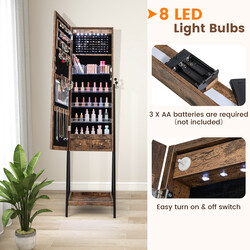 Smykkeskab brun MDF 41x35x160 cm med helkropsspejl og LED-belysning