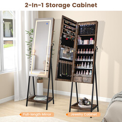 Smykkeskab brun MDF 41x35x160 cm med helkropsspejl og LED-belysning