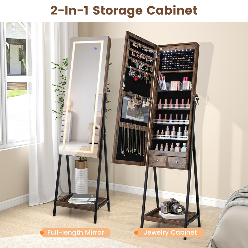 Smykkeskab brun MDF 41x35x160 cm med helkropsspejl og LED-belysning