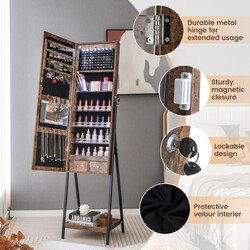 Smykkeskab brun MDF 41x35x160 cm med helkropsspejl og LED-belysning