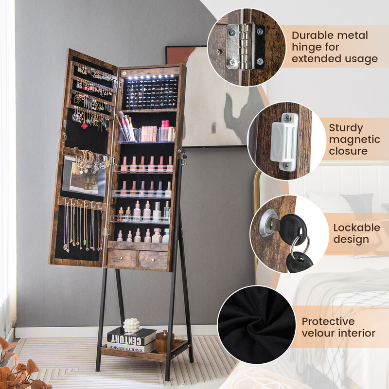 Smykkeskab brun MDF 41x35x160 cm med helkropsspejl og LED-belysning