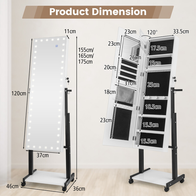 Smykkeskab hvid LED‑belyst spejl justerbar højde 46x35 cm MDF metal