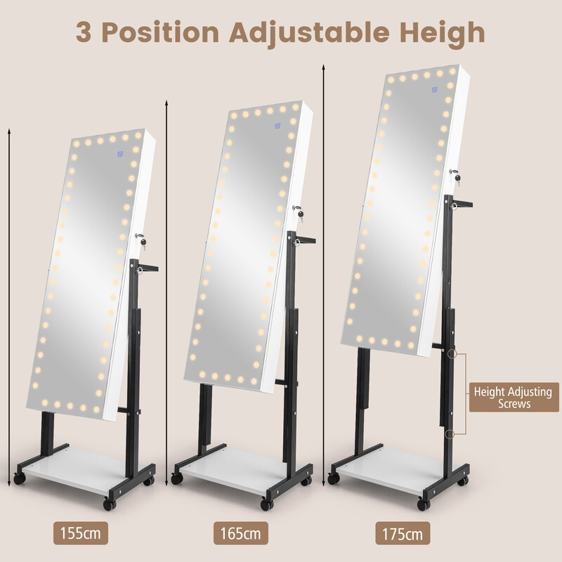 Smykkeskab hvid LED‑belyst spejl justerbar højde 46x35 cm MDF metal