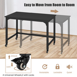 Skrivebord sort 120 x 60 cm kulstålram med fire hjul