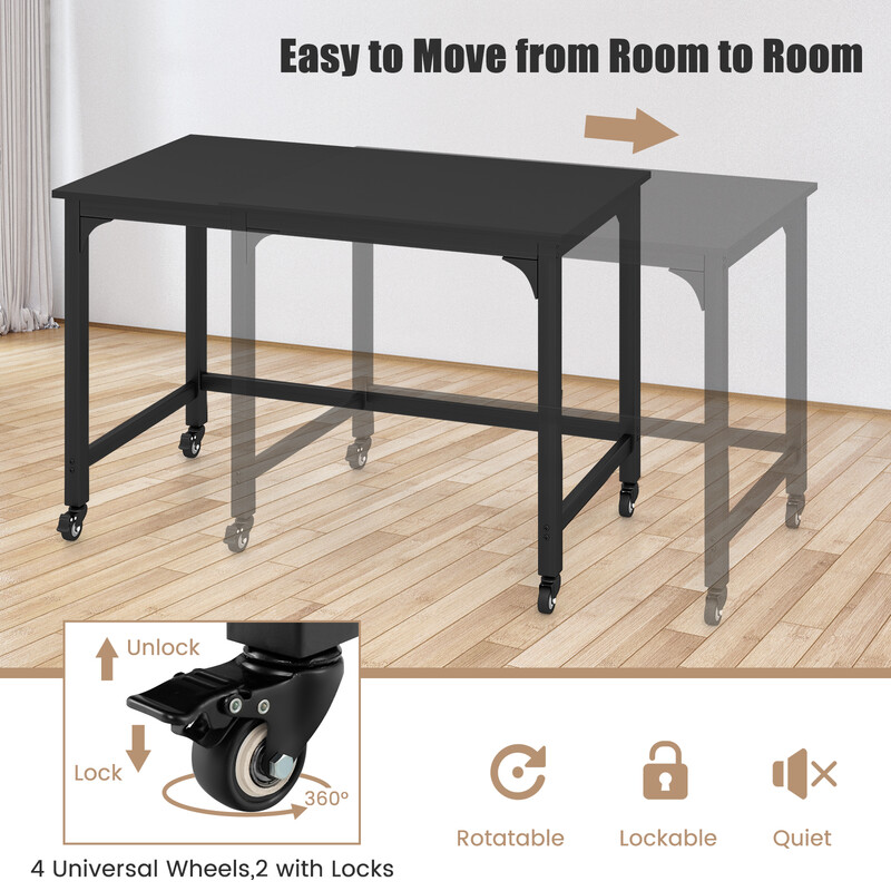 Skrivebord sort 120 x 60 cm kulstålram med fire hjul