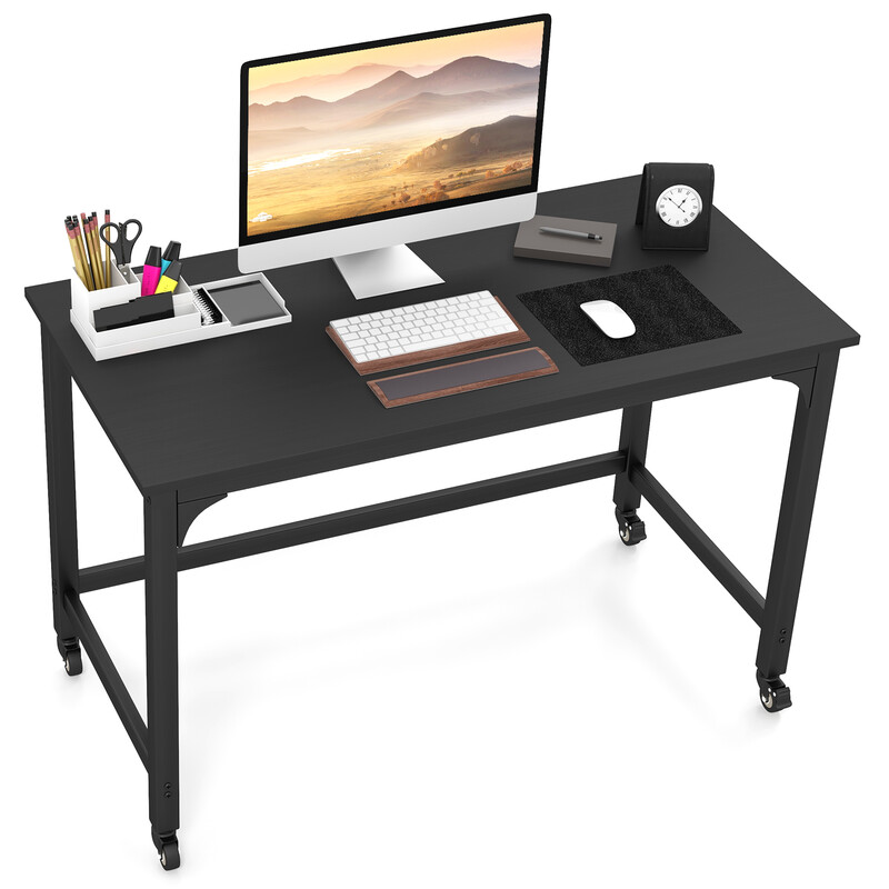 Skrivebord sort 120 x 60 cm kulstålram med fire hjul