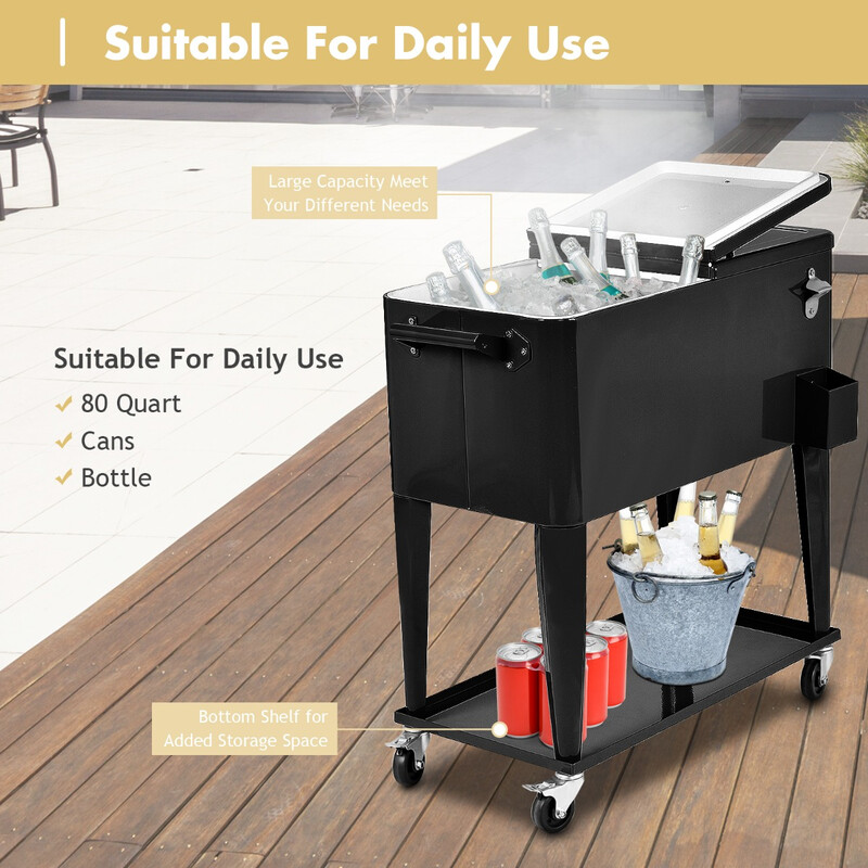 Kølevogn 76 L sort med hjul og flaskeåbner til fester og arrangementer