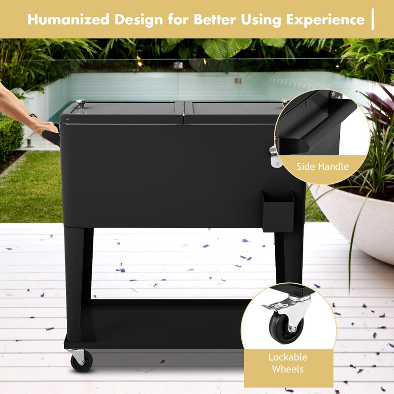 Kølevogn 76 L sort med hjul og flaskeåbner til fester og arrangementer